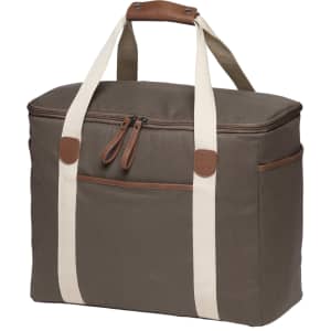A cooler bag in olive green with cream straps and leather accents, featuring zippers and a front pocket.