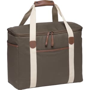 A brown cooler bag with cream straps and a zippered pocket, featuring a leather handle and branding.