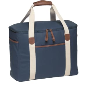 A navy cooler bag with a zippered top, cream straps, and a brown leather handle. It features a front pocket and a logo.