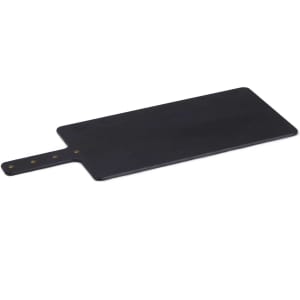 A rectangular black serving board with a handle and decorative rivets. Suitable for food preparation or serving.