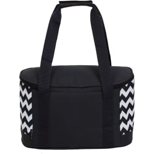 A cooler bag featuring a black and white chevron design with sturdy handles. It has a rounded top and a zip closure.