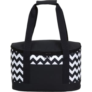 A round cooler bag featuring a black and white chevron design, with sturdy black straps and a zippered closure.