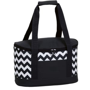 A cooler bag in black and white chevron pattern, featuring sturdy handles and a zippered closure.