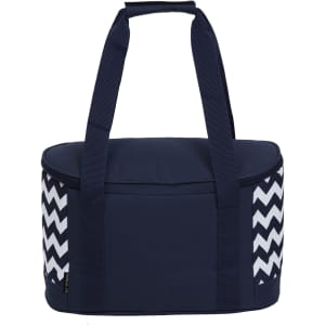 A navy blue cooler bag with a white chevron pattern on the sides and dual carrying straps. It has a rounded shape.