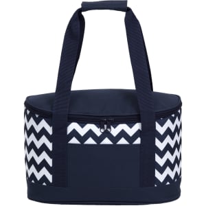 A round cooler bag featuring a navy blue and white chevron pattern with sturdy handles.