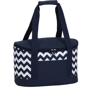 A cooler bag featuring navy and white chevron patterns, with sturdy handles and a zipped opening.