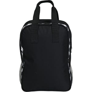 A black picnic bag with two handles, featuring side mesh pockets and a zip closure. It has branding on the front.
