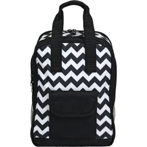 A black and white chevron-patterned cooler bag with a front pocket and mesh side pockets. It has two sturdy handles.