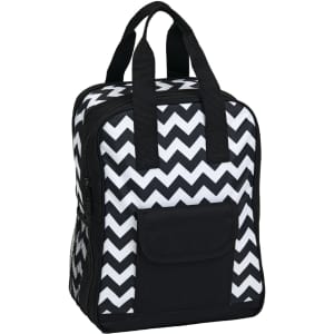 A black and white chevron-patterned picnic bag with dual handles and a front pocket. It features a mesh side pocket.