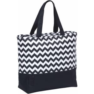 A black and white striped cooler tote with a zigzag pattern and a black zippered bottom compartment.