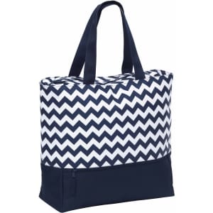 A navy and white chevron patterned tote bag with sturdy handles and a zippered pocket at the bottom.