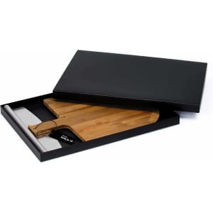 A pizza peel set featuring a wooden peel and a stainless steel pizza cutter, displayed in a sleek black box.