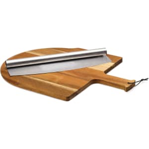 A pizza peel set featuring a wooden paddle with a stainless steel blade, showcasing warm timber tones.