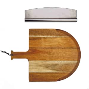 A wooden pizza peel with a curved edge and a stainless steel dough scraper, both featuring a natural finish.