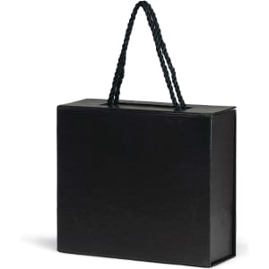 A black gift box with a twisted handle, suitable for packaging products or gifts.
