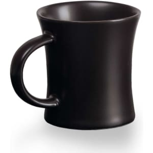 A black ceramic mug with a curved handle, featuring a sleek and modern design.