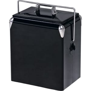 A drink bottle cooler box in black with a silver handle and lid, featuring a sleek retro design.