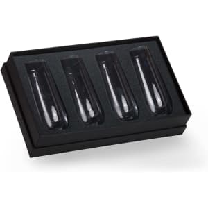 Four stemless champagne flutes in a black gift box, featuring a sleek design with a transparent finish.