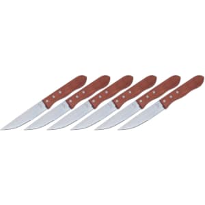 A set of six stainless steel steak knives with wooden handles, featuring a sleek design and shiny blades.