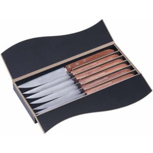 A steak knife set featuring six stainless steel knives with wooden handles, presented in a stylish black box.