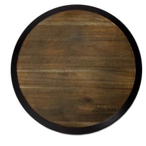 A round wooden Lazy Susan with a natural wood finish and a black edge. It features a smooth surface.