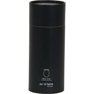 A stemless stainless steel wine glass set in a sleek black packaging, featuring a simple logo.