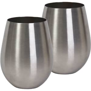 A set of two stemless stainless steel wine glasses with a brushed metallic finish.