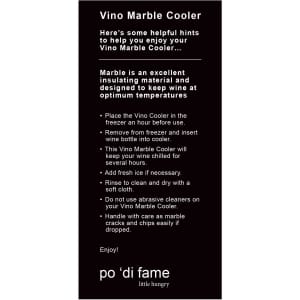 A Vino Marble Cooler in a marble design, featuring a logo, with instructions for use and care.