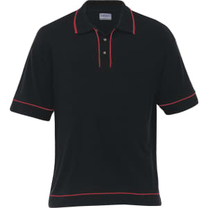 A black polo shirt featuring red detailing, with short sleeves and a three-button placket. It has a logo on it.