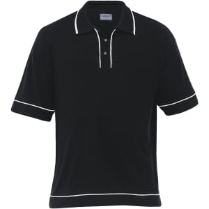 A black retro waffle polo shirt featuring white trim and buttons, with a small logo on the front.