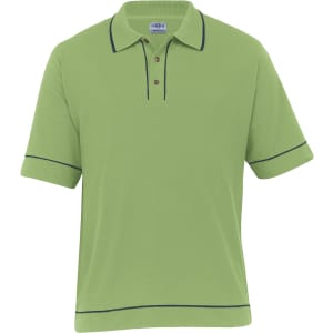 A retro men's polo shirt in bright green with navy blue piping and a three-button placket. It features a logo.