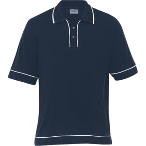 A navy blue polo shirt featuring white piping, with a classic collar and three buttons, and a logo.