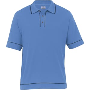 A blue men's polo shirt with short sleeves, featuring a contrasting black trim and three buttons at the collar.
