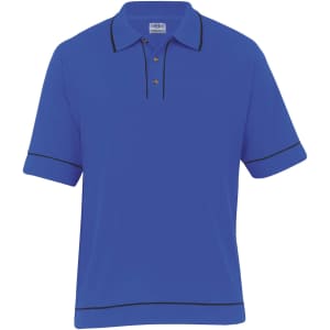 A blue men's retro waffle polo shirt with black piping and a three-button collar. Features a logo.