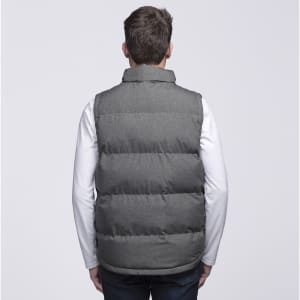A grey puffa vest with a high collar, viewed from the back, featuring a padded design and a logo.