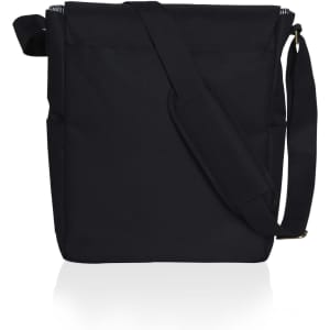 A black messenger bag with a adjustable strap and a front pocket, featuring a logo. Ideal for laptops and everyday use.