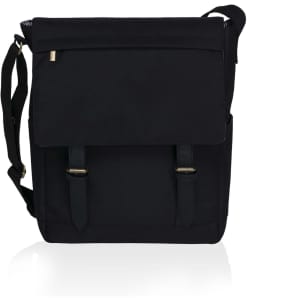 A black messenger bag with a flap, two front straps, and an adjustable shoulder strap. It features a logo.