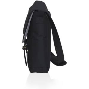 A black laptop messenger bag with an adjustable strap and a front pocket, featuring a logo.