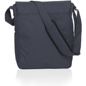 A dark grey messenger bag with a shoulder strap and multiple pockets. It features a logo on the front.