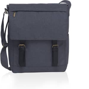 A grey messenger bag with leather straps and a shoulder strap, featuring a flap and a zippered pocket.