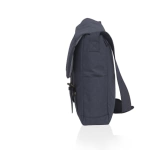 A grey messenger bag with a flap, featuring a side pocket and an adjustable strap. It has a logo on the front.
