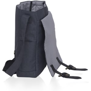 A grey messenger bag with a striped interior, featuring a flap and adjustable straps. It has a logo on the front.