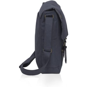 A grey messenger bag with an adjustable strap and flap closure, featuring pockets on the side.