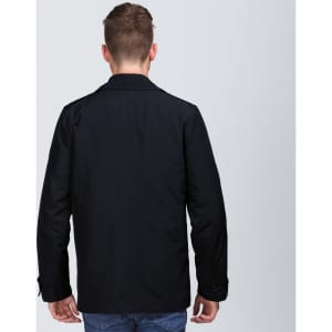 A black trench coat jacket, featuring a simple design and a back view of a model wearing it.