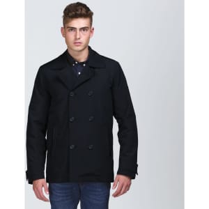 A black trench coat jacket with a double-breasted design, featuring a collar and button details.