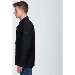 A black trench coat with a sleek design, featuring buttons and a branded logo on the sleeve.