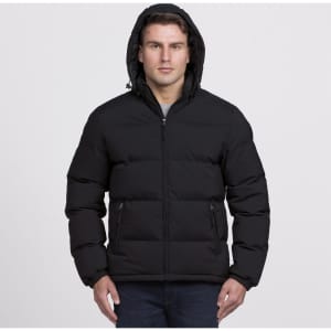 A black puffer jacket with a hood, featuring a zip front and side pockets, on a model against a plain background.