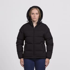 A black puffer jacket with a hood, featuring a zip front and side pockets, worn by a model against a neutral background.