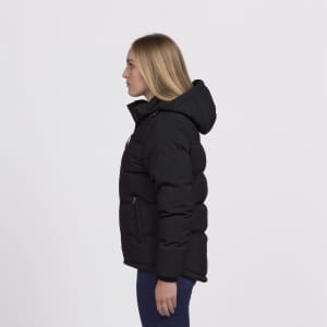 A black puffer jacket with a hood, featuring zipped pockets and a fitted silhouette, displayed on a model.