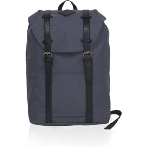 A grey front-side backpack with black straps and a flap closure. It features a logo on the front.